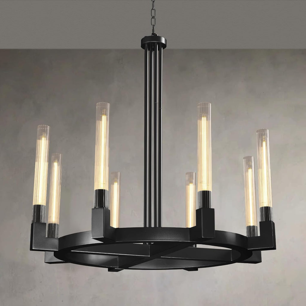 36'' Black Wagon Wheel Chandelier with Knurled Glass Shade,8-Lights Modern Copper Farmhouse Chandeliers for High Ceilings,Large Round Chandeliers for Dining Room,Living Room,Bedroom,Foyer,Entryway A114-B0DMSKPH25