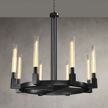 36'' Black Wagon Wheel Chandelier with Knurled Glass Shade,8-Lights Modern Copper Farmhouse Chandeliers for High Ceilings,Large Round Chandeliers for Dining Room,Living Room,Bedroom,Foyer,Entryway A114-B0DMSKPH25