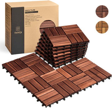Premium Deck Tiles, Patio Flooring - Set 10 Pcs 12”x12”x0.9” Interlocking Deck Tiles, Waterproof Acacia Wood for