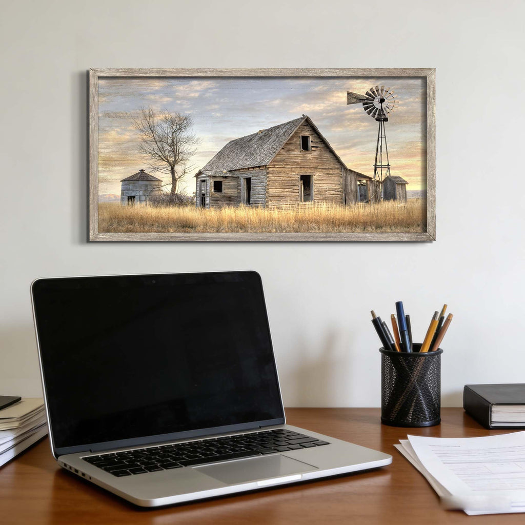 Rustic Autumn Windmill Farmhouse Wood Framed Wall Art 24x12 Inch