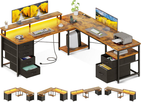 66" L Shaped Computer Desk, 113“ Reversible Home Office Desk with File Cabinet & 4 Fabric Drawers