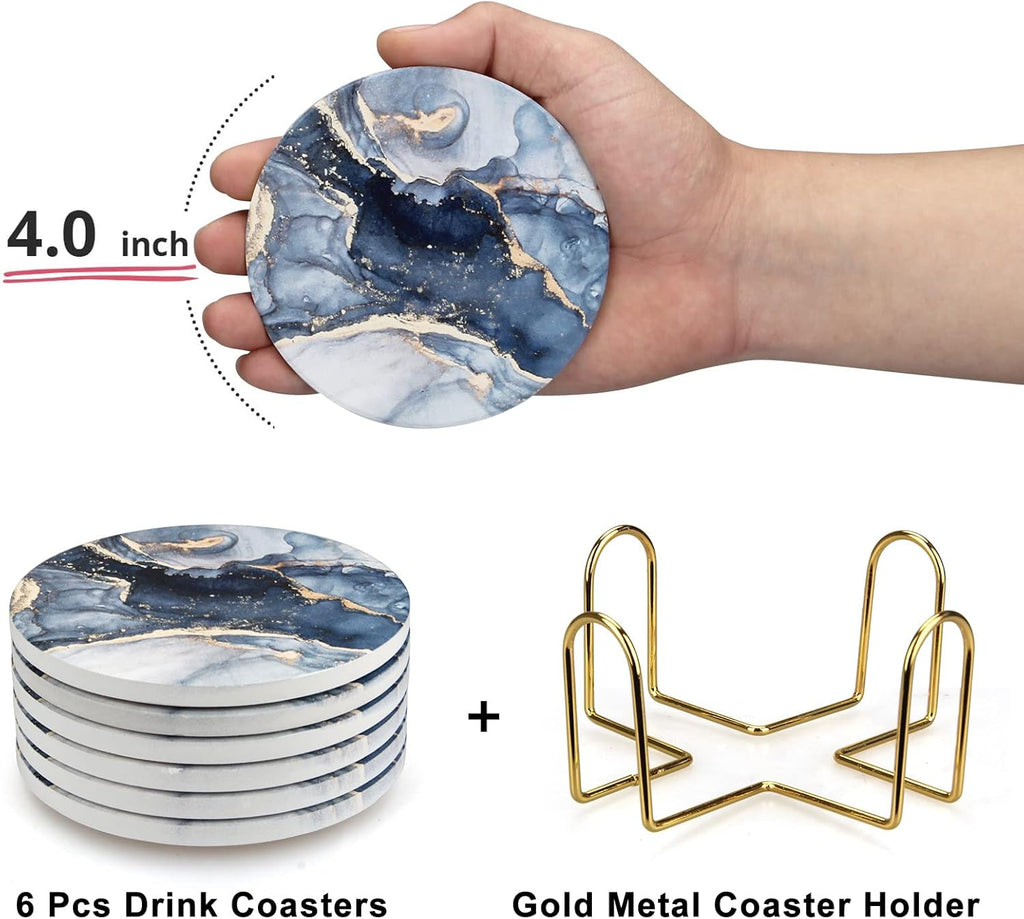 Coasters, Navy Blue Marble Abstract Ceramic Coasters with Holder - Set of 6
