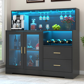 Bar Cabinet with LED Light,Coffee Bar Cabinet w/ Wine & Glass Rack | Wine Cabinets with Drawers & Microwave Stand