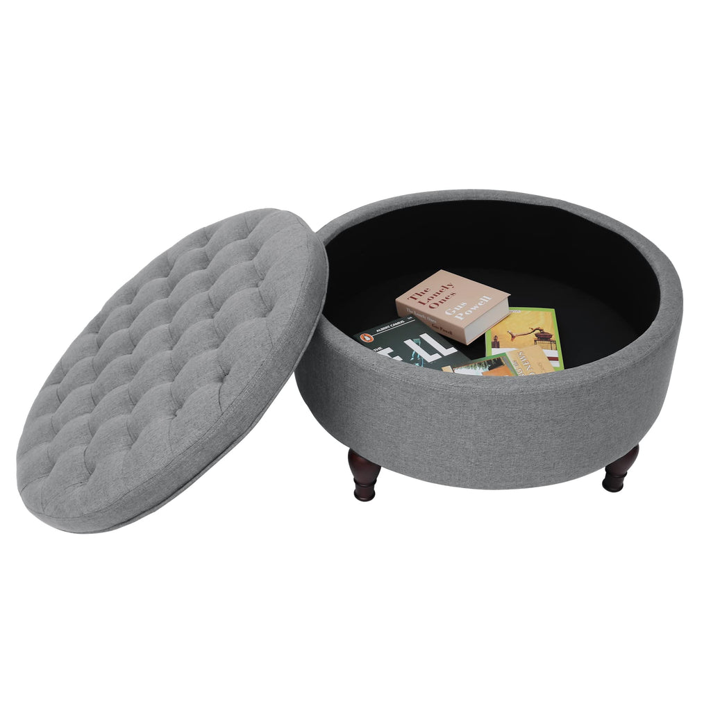 Indoor 32" Tufted Round Storage Cocktail Ottoman with Removable Lid Storage Ottoman Space-Save Table or Seat Grey