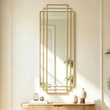 42"x16" Rectangle Beveled Wall Mirror with Black Geometric Frame