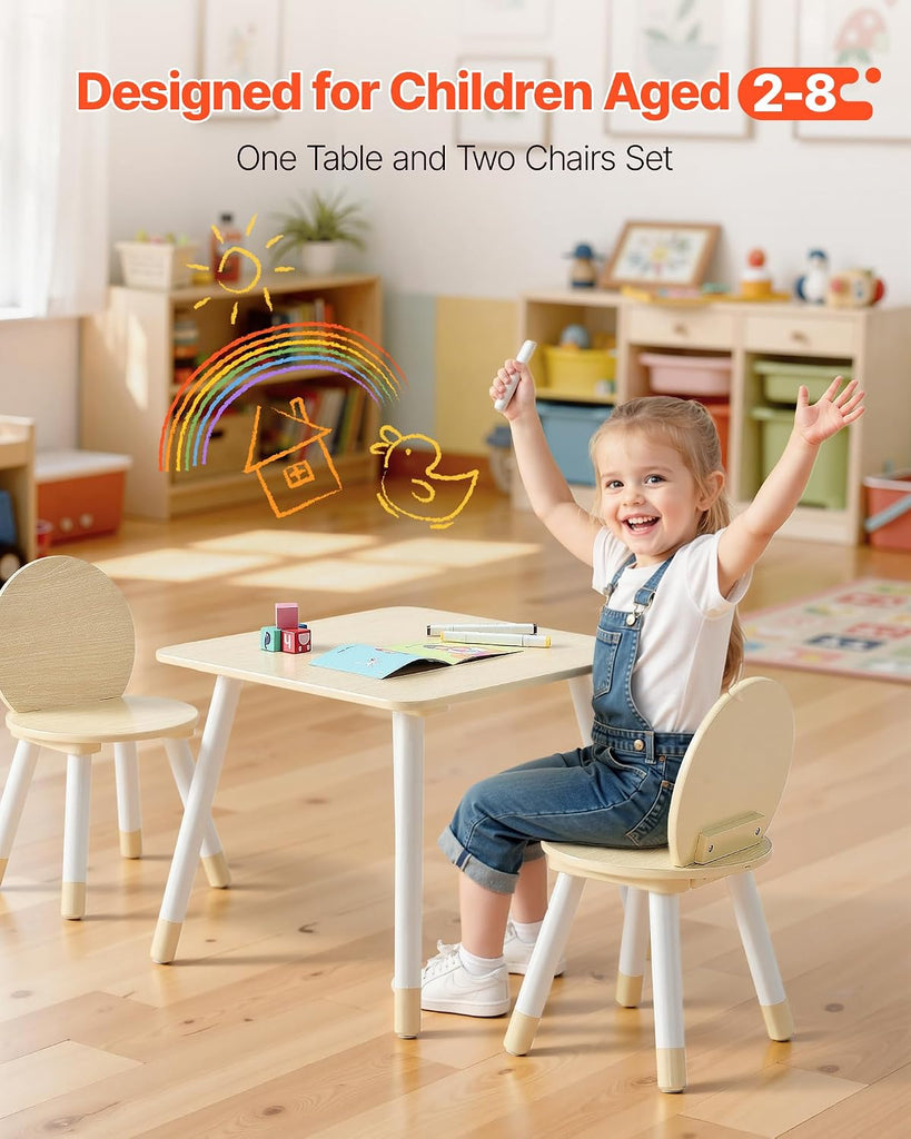 Kids Table and 2 Chairs Set, Toddler Table and Chair Set with Rounded Edge Design & Graffiti Desktop, Wooden Desk