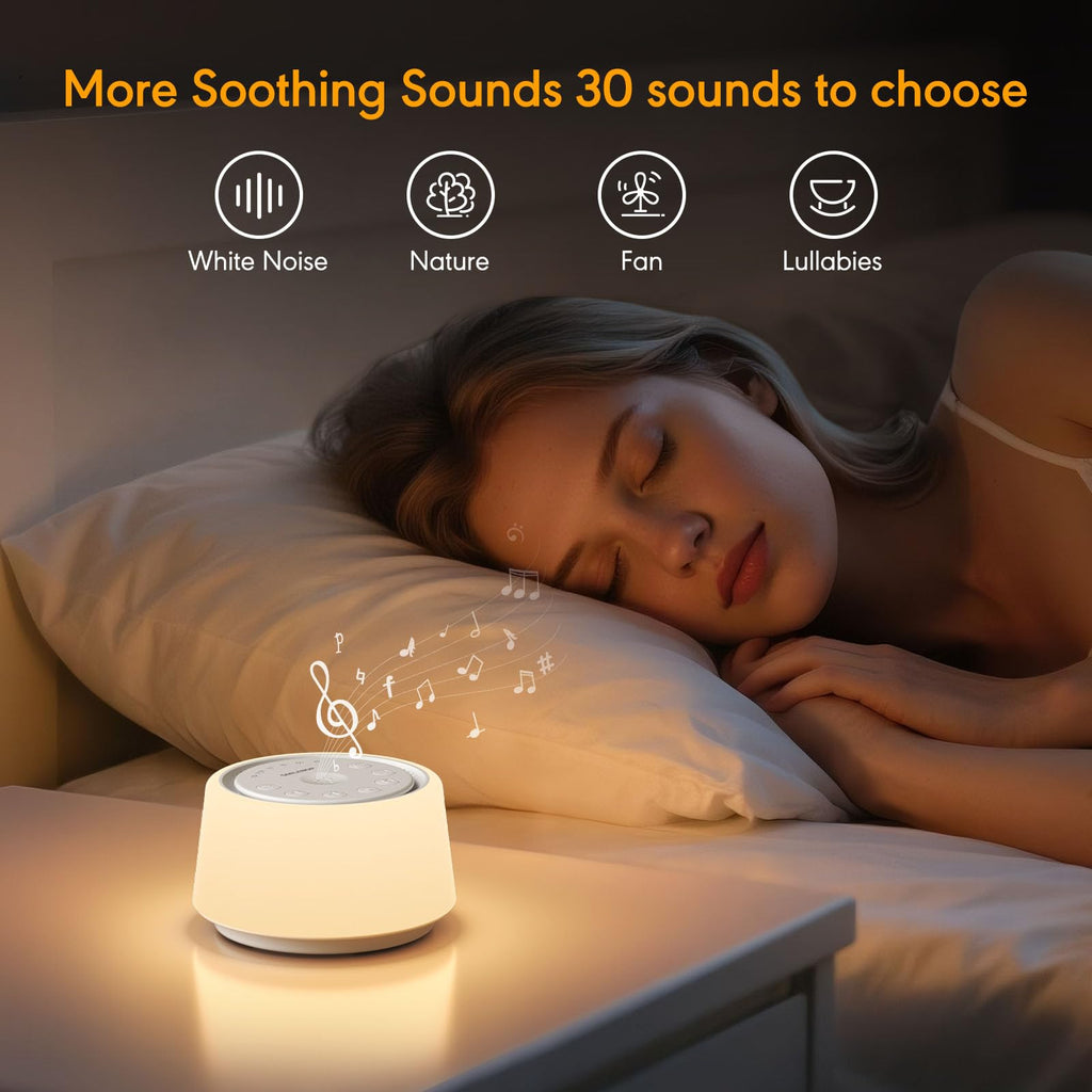 White Noise Machine with Night Light, 30 Portable Sound Machine for Baby and Adults, 10 Color Night Light, 5 Timer