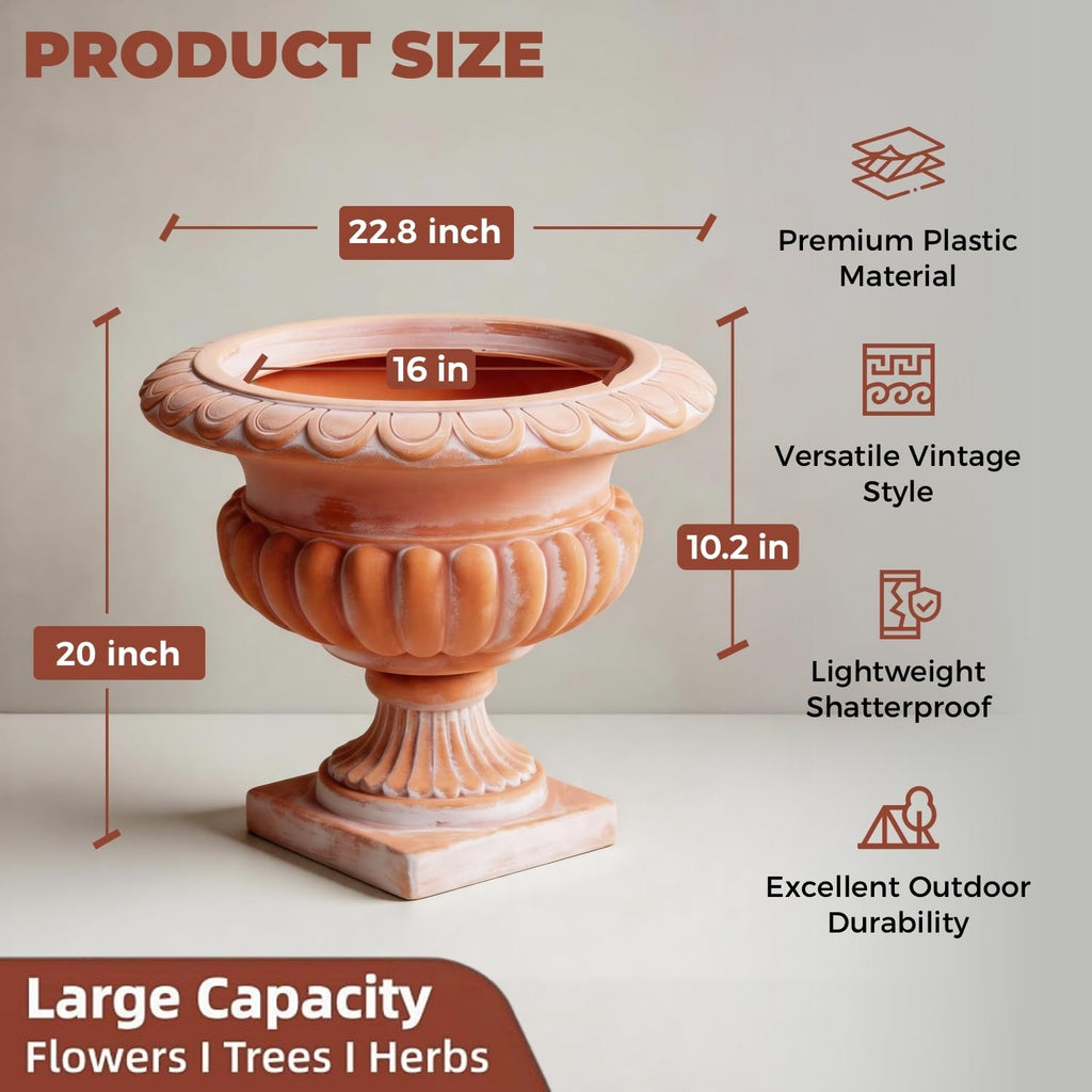 20" H Roman Urn Planter, Weathered Terracotta Finish Flowerpot (Plastic)