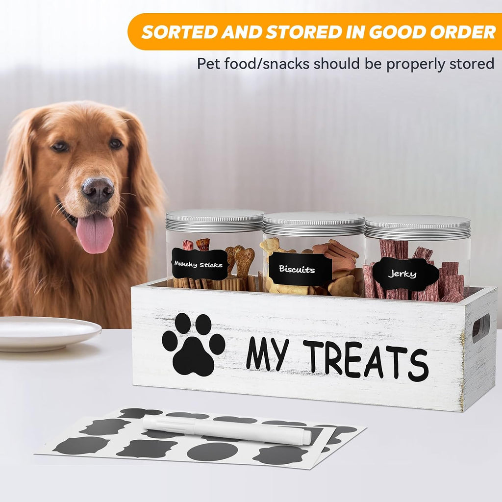 Dog Treat Container for Countertop - Dog Food Storage with 3 Jars - Pet Food Organizer For Puppy - Airtight White