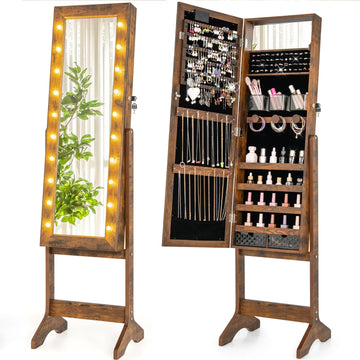 Standing Jewelry Armoire with Full Length Mirror, 20 LED Lights