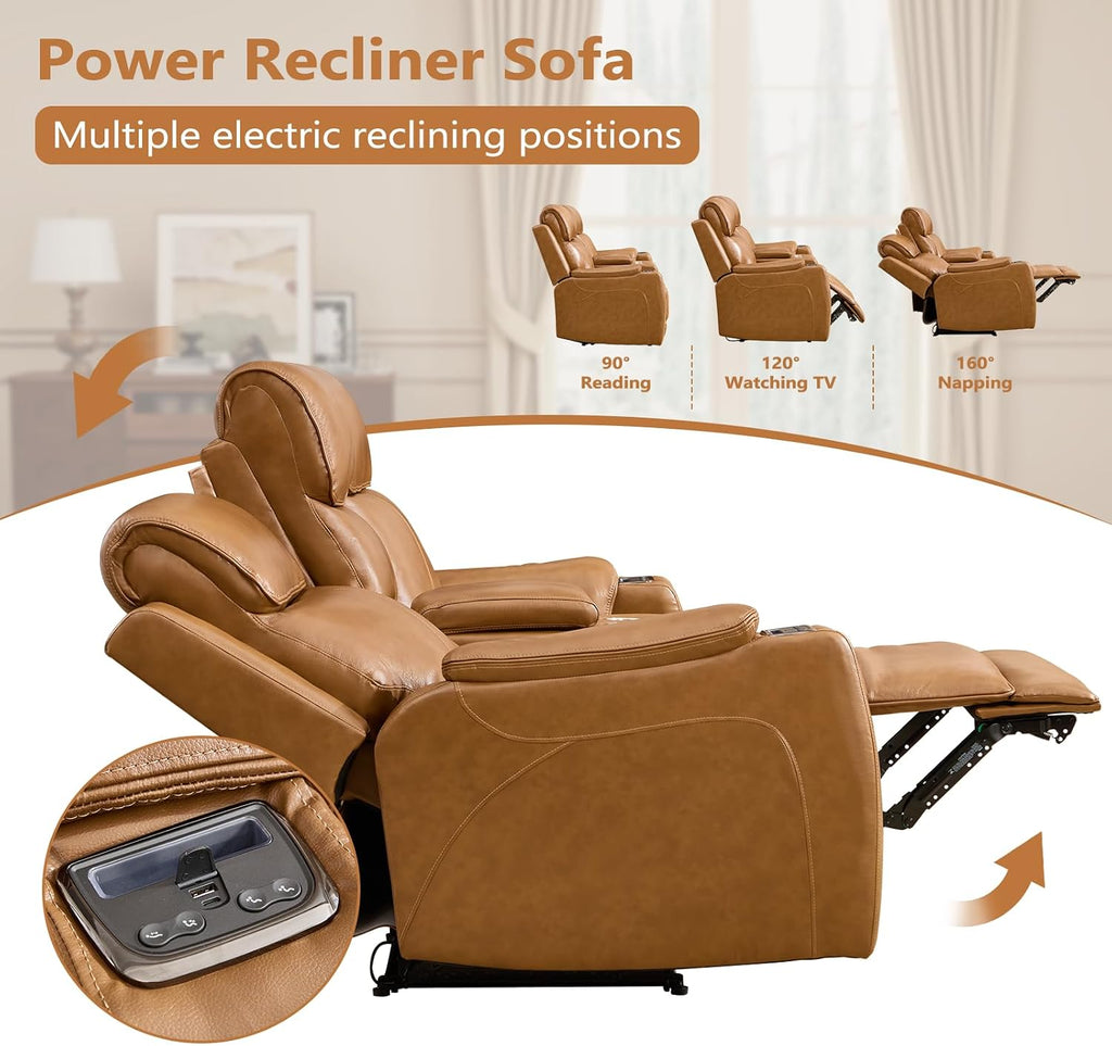 3-Piece Top Grain Leather Electric Recliner Sofa Set, Included Dual Motor Recliner with Power Headrest, Loveseat with