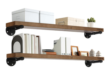Industrial Pipe Wood Wall Shelf - 36" Espresso Real Wooden Shelving - Modern Interior Decor Floating Shelves w/Iron