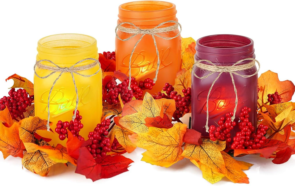 Fall Mason Jar Centerpieces for Tables - Thanksgiving Table Decorations with Autumn Leaves & Berries, Autumn Candle - Set of 3