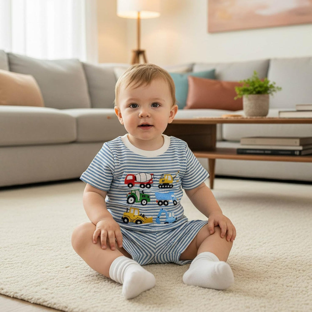 Toddler Baby Boy Summer Clothes Waffle Truck Embroidery Short Sleeve Tops T-Shirt and Shorts Sets Cute 2Pcs Outfits