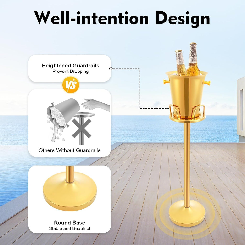 Stainless Steel Standing Ice Bucket, Champagne Ice Bucket with Stand Ice Cube Container with Round Carrying Handles