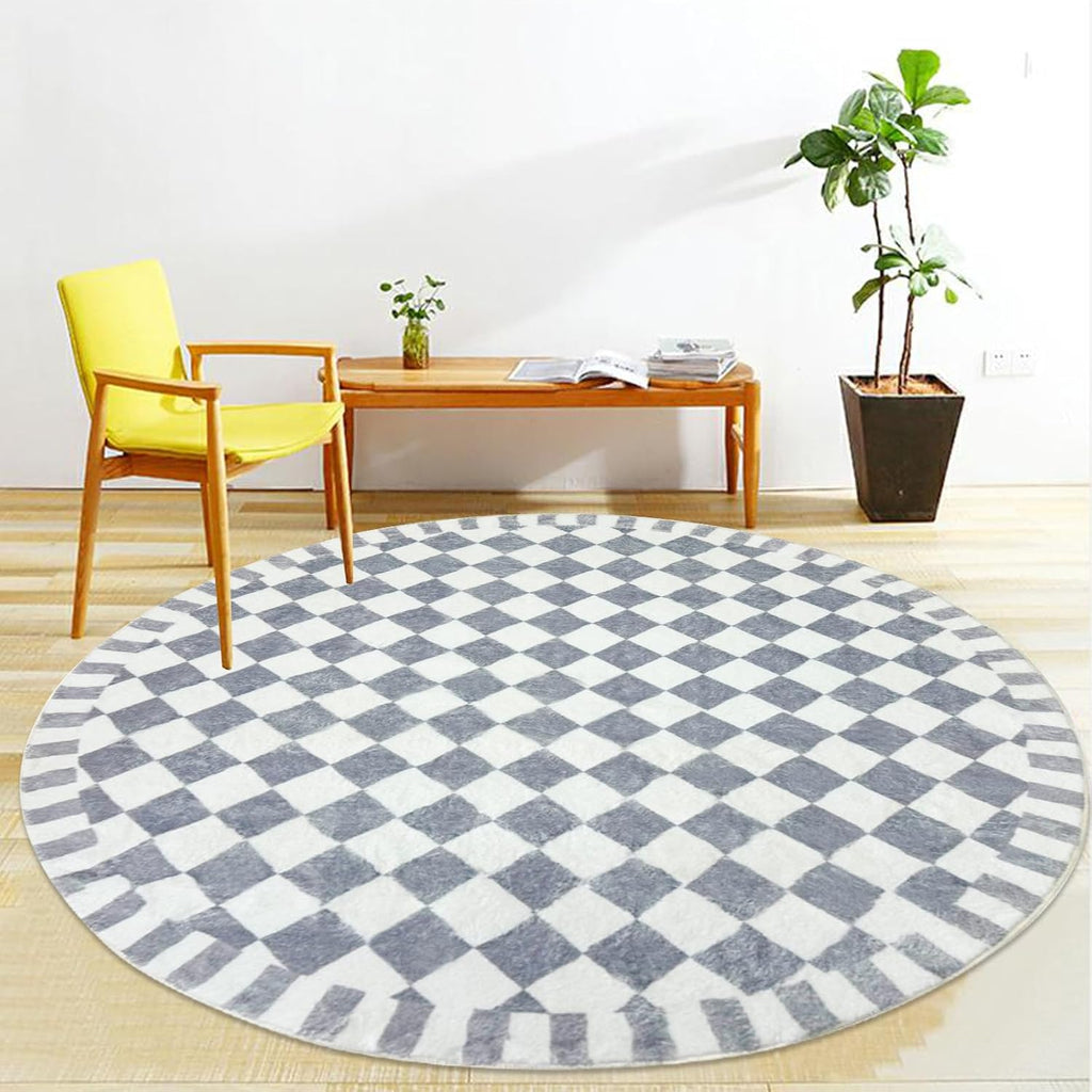 Round Modern Checkered Rug - 5.2Ft Circle Buffalo Plaid Check Bedroom Carpet Nonslip Farmhouse Floor Mat Washable