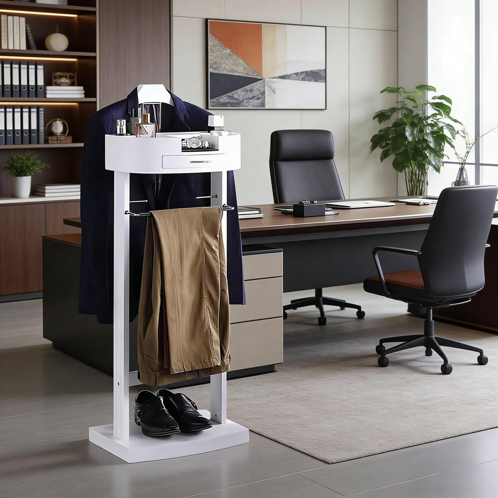 Wooden Suit Valet Stand with Drawer, Top Tray, Trouser Bar, Tie Hooks and Shoe Rack, Freestanding Clothing Organizer