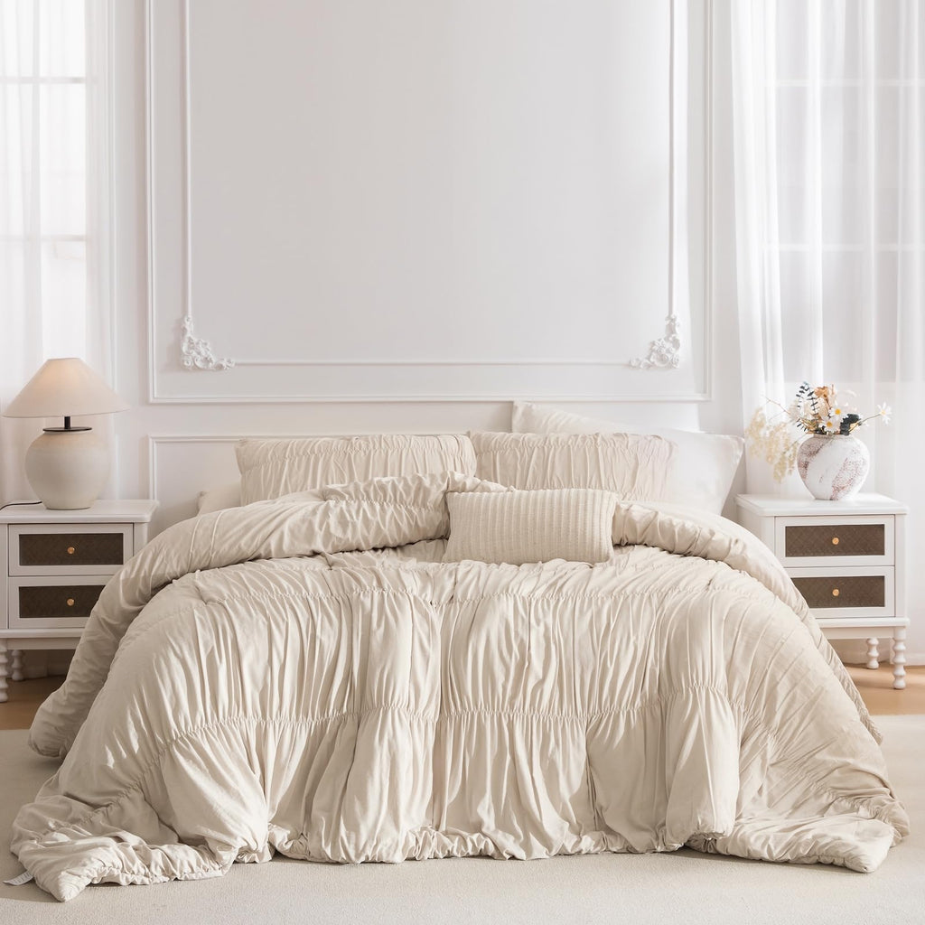 Oversized King Bed Comforter Set- Wheat Ruched Boho 120 x 120 Comforter Set, 3 Piece Fluffy Bedroom Set with Pillow