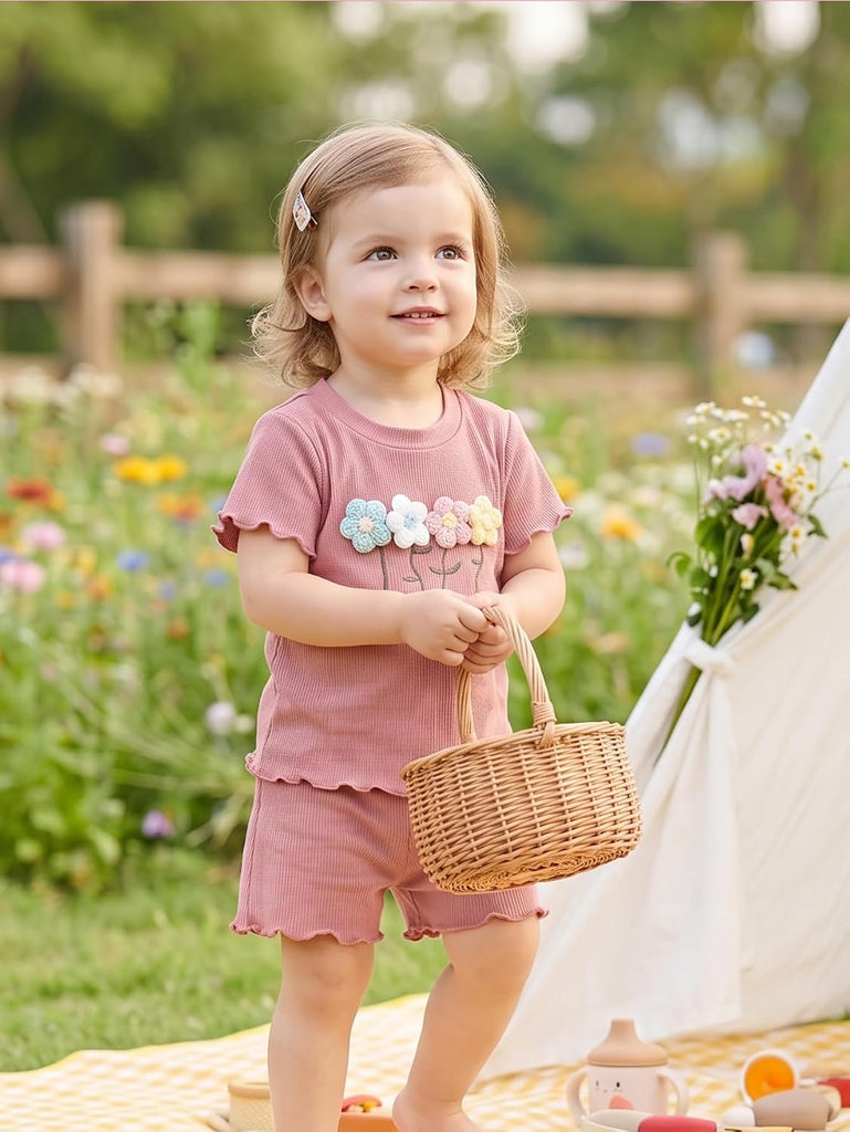 Toddler Baby Girl Clothes Outfits,Summer Ruffle Ribbed Flower T Shirt Shorts Set Clothes for Girls
