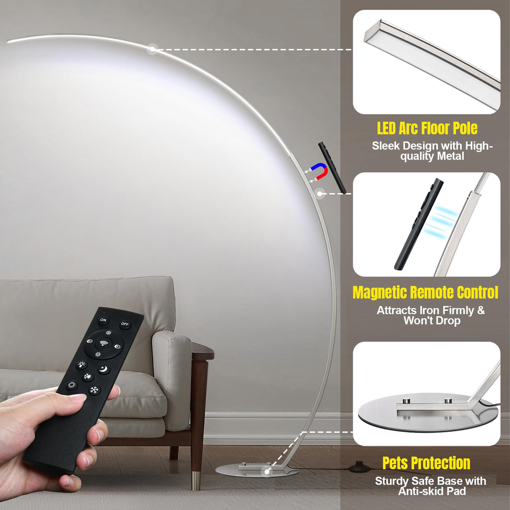 Dimmable LED Floor Lamp with 3 Color Temperatures, Ultra Bright Brushed Nickel Arc Floor Lamps, Modern Tall