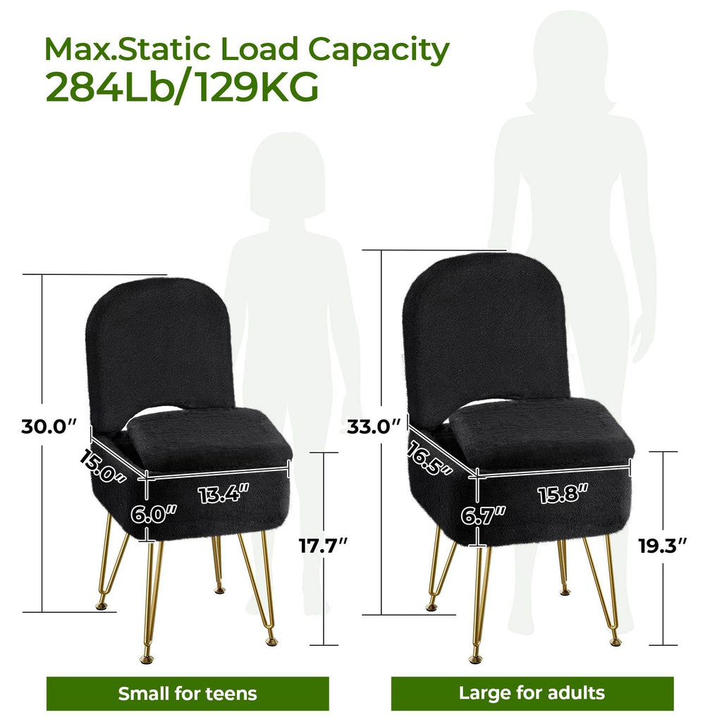 Vanity Stool Chair with Storage and Folding Back, 13.4" x 15" x 30" Square Faux Fur Soft Ottoman, 4 Metal Legs with