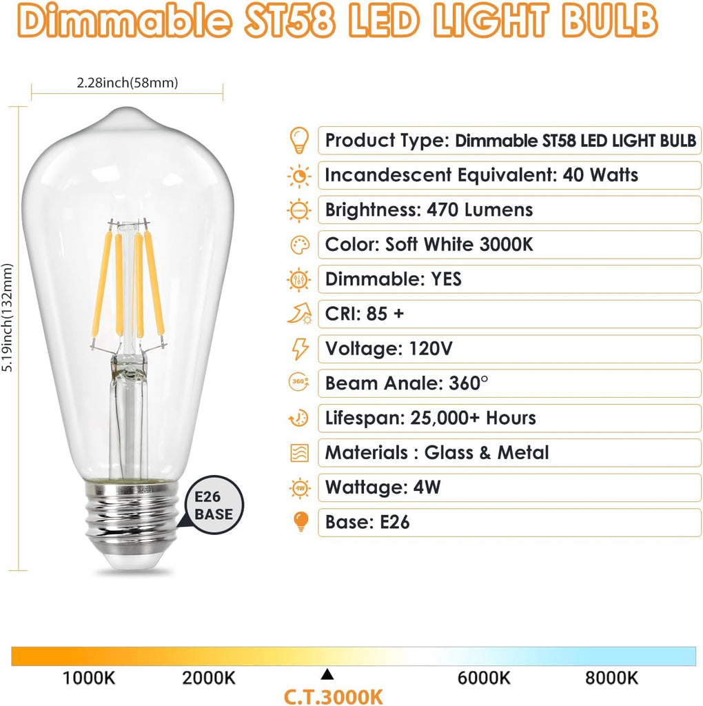 Vintage LED Edison Bulbs, ST58 Dimmable 4W E26 LED Bulb 40W Equivalent, 3000K Soft White Led Light Bulbs, Antique LED