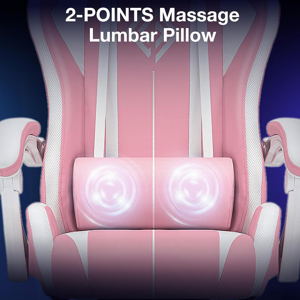 Pink Gaming Chair with RGB LED Lights Massage Computer Chairs for Girls | High Back Video Game Chair with Footrest &