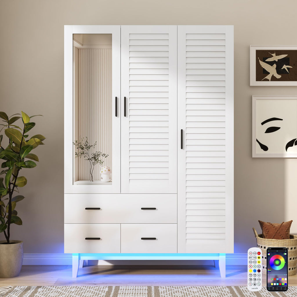 3 Door Armoire Wardrobe Closet Cabinet with Drawers and LED Lights, Multi-Tier Shelves, Hanging Rod & 3 Louver Doors