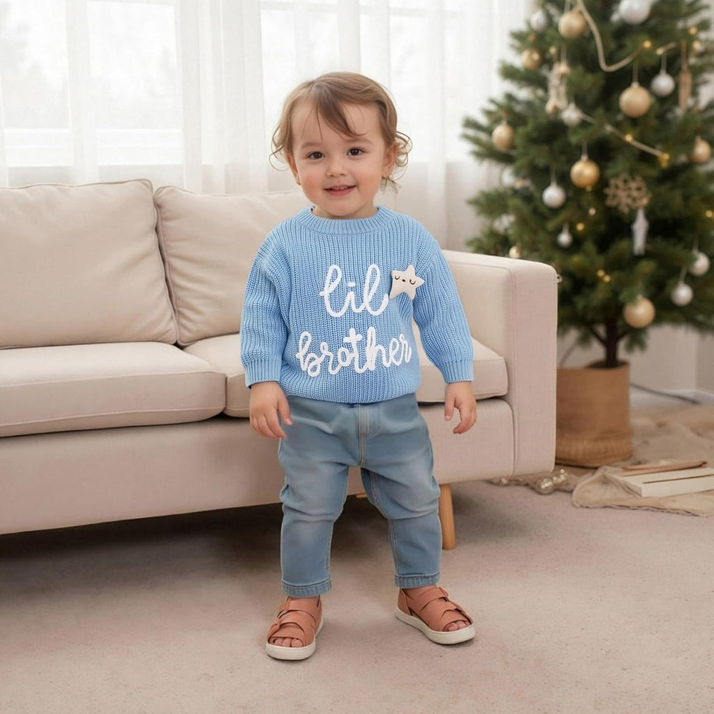 Newborn Baby Boy Knit Sweater Outfit Little Lil Brother Long Sleeve Letter Embroidery Top Sweatshirt Infant Fall