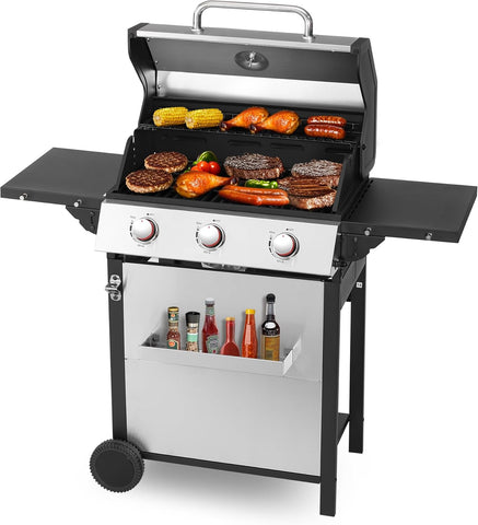 3-Burner Propane Gas Grill with Side Table and Thermometer, Stainless Steel Cabinet, Cast Iron Grates for Patio and Outdoor BBQ