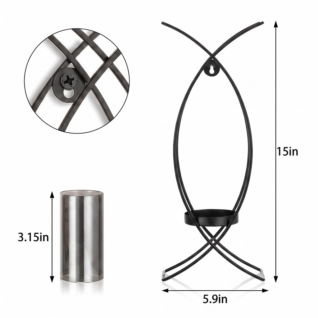 Black Metal Wall Candle Sconces Set of 2 with Glass Hurricanes