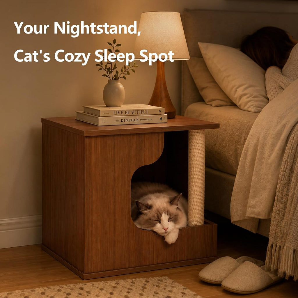 Wooden Cat House Side Table with Storage, Cat Nightstand End Table