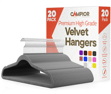 Gray Velvet Hangers 20 Pack - 360° Swivel Hook, Non-Slip and Space Saving Hangers, Heavy-Duty 11 lbs Weight Capacity