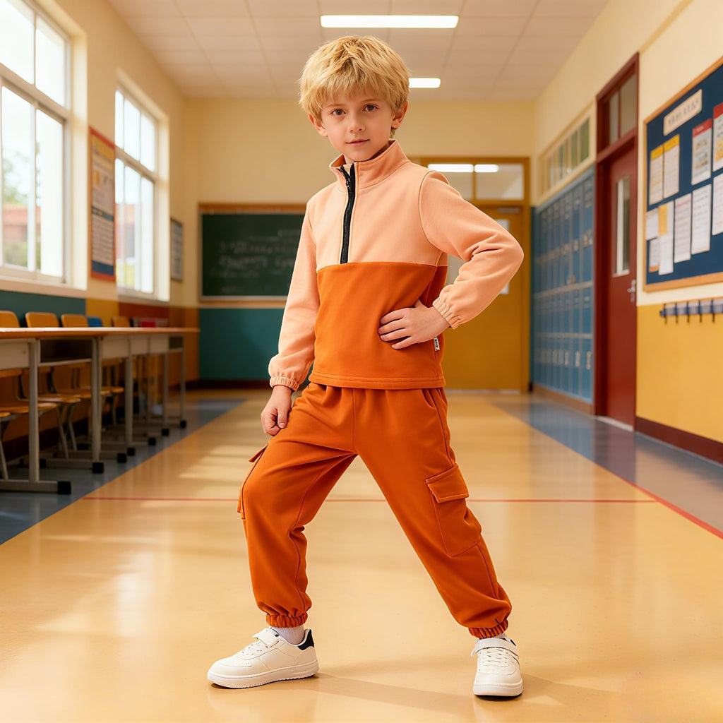 Toddler Boys Clothes Quarter Zip Long Sleeve Sweatshirt Cargo Pants Set Color Block Fall Outfits Set 7