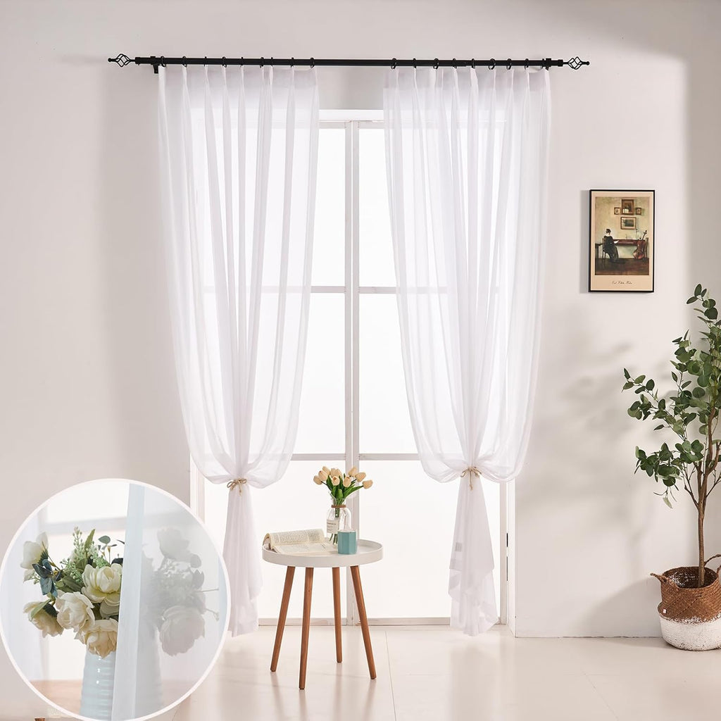 102 Inches Long Pure White Curtains for Bedroom Living Room Pinch Pleated Chiffon Sheer Curtains Light Filterring