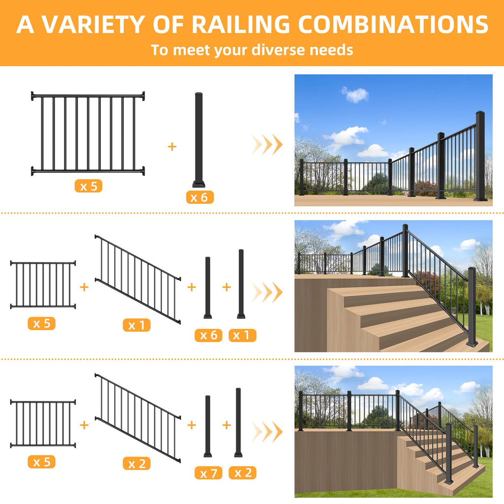 Outdoor 38in H x 6ft W Black Steel Deck Railing Kit