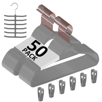Premium Velvet Clothes Hangers Suit Heavy Duty (50 Pack)-Non Slip & Space-Saving with 6 Finger Clips & Tie Rack