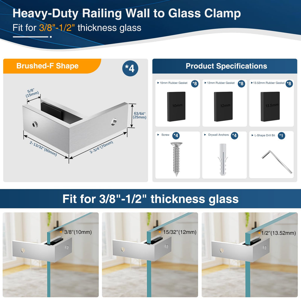 4 Pack Railing Wall to Glass Clamp, Stainless Steel T304 Glass Clips