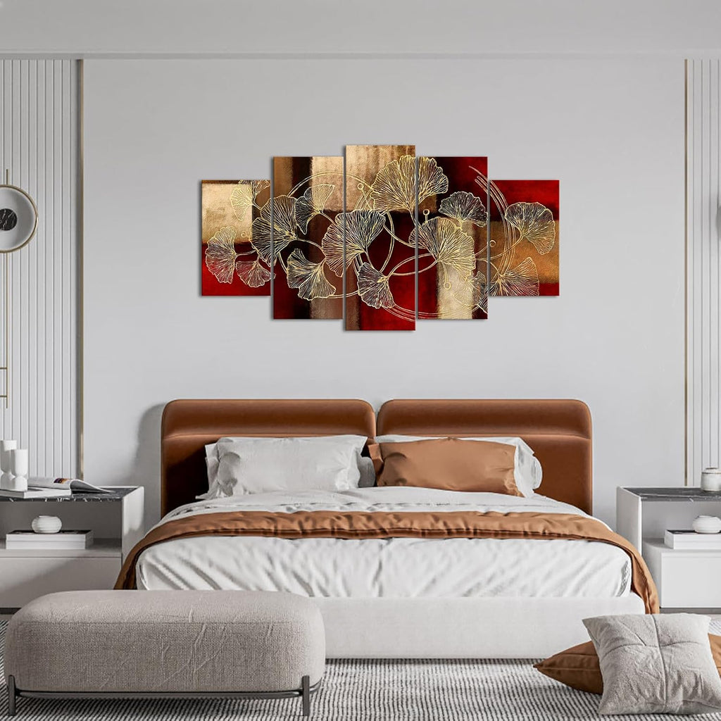 Large 5 Piece Abstract Canvas Wall Art Gold Ginkgo Leaf Paintings Prints Modern Burgundy and Brown Home Living Room