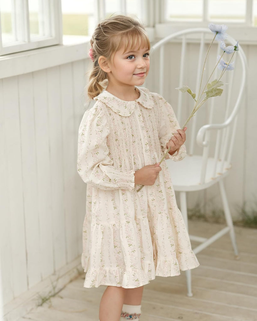 Toddler Girls Dress Smocked Dresses|Floral Print Long Sleeve Dress with Peter Pan Collar | Casual Ruffle Dresses