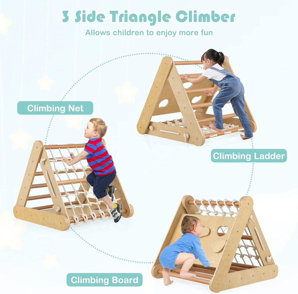 In-1 Triangle Climber with Ramp, Side Kids Climbing Triangle Ladder with Net Rope & Bars, Wooden Montessori