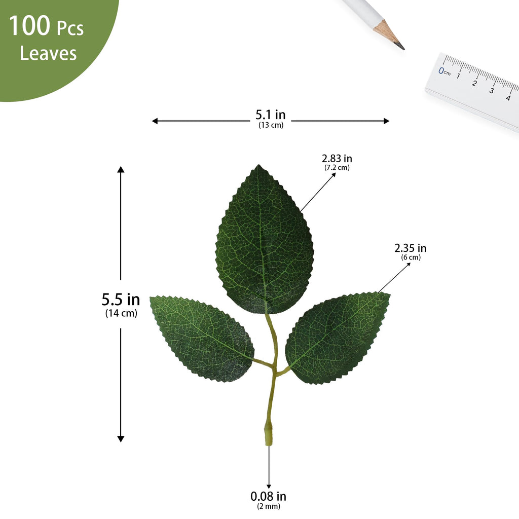100 Pcs Artificial Rose Leaves Bulk (1 Stem 3 Large-Leaf Green)