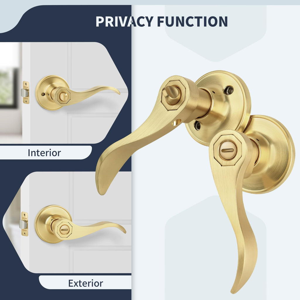 Privacy Wave Style Gold Door Handles (No Key) Interior and Interior Closet, Brushed Gold Door Lock with Reversible