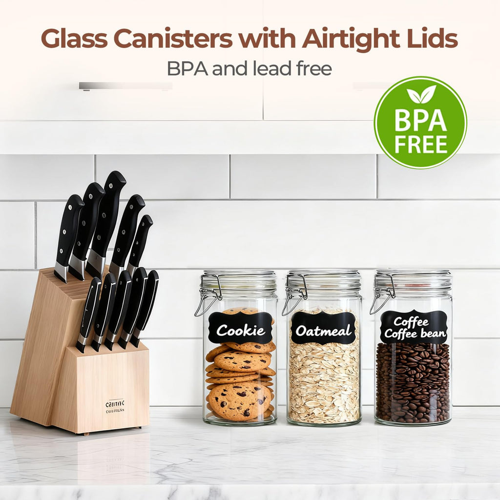 Glass Pantry Jars with Airtight Lids 34 oz 3 Pack Coffee Canisters