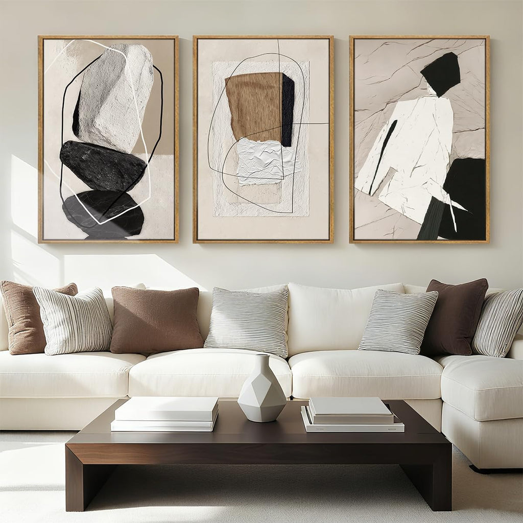 Large Abstract Wall Art Canvas,Black Beige Artwork,Neutral Modern Framed Wall Art, Minimalist Geometric