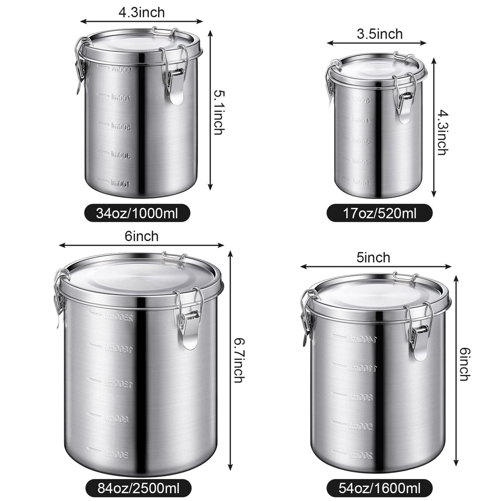 4 Pcs Stainless Steel Airtight Food Containers 84oz 54oz 34oz 17oz Coffee Bean Flour Sugar Tea Cereal Cookie Metal