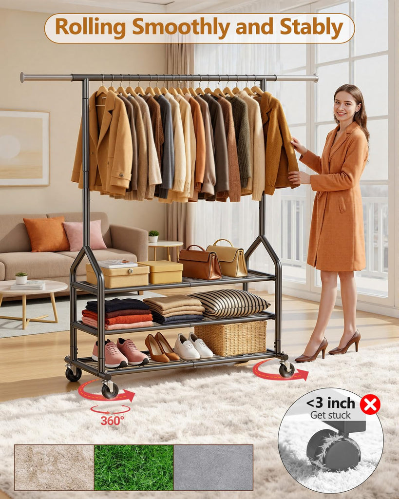 Heavy Duty Clothing Rack, Rolling Clothes Rack with 3 Shelves, Black