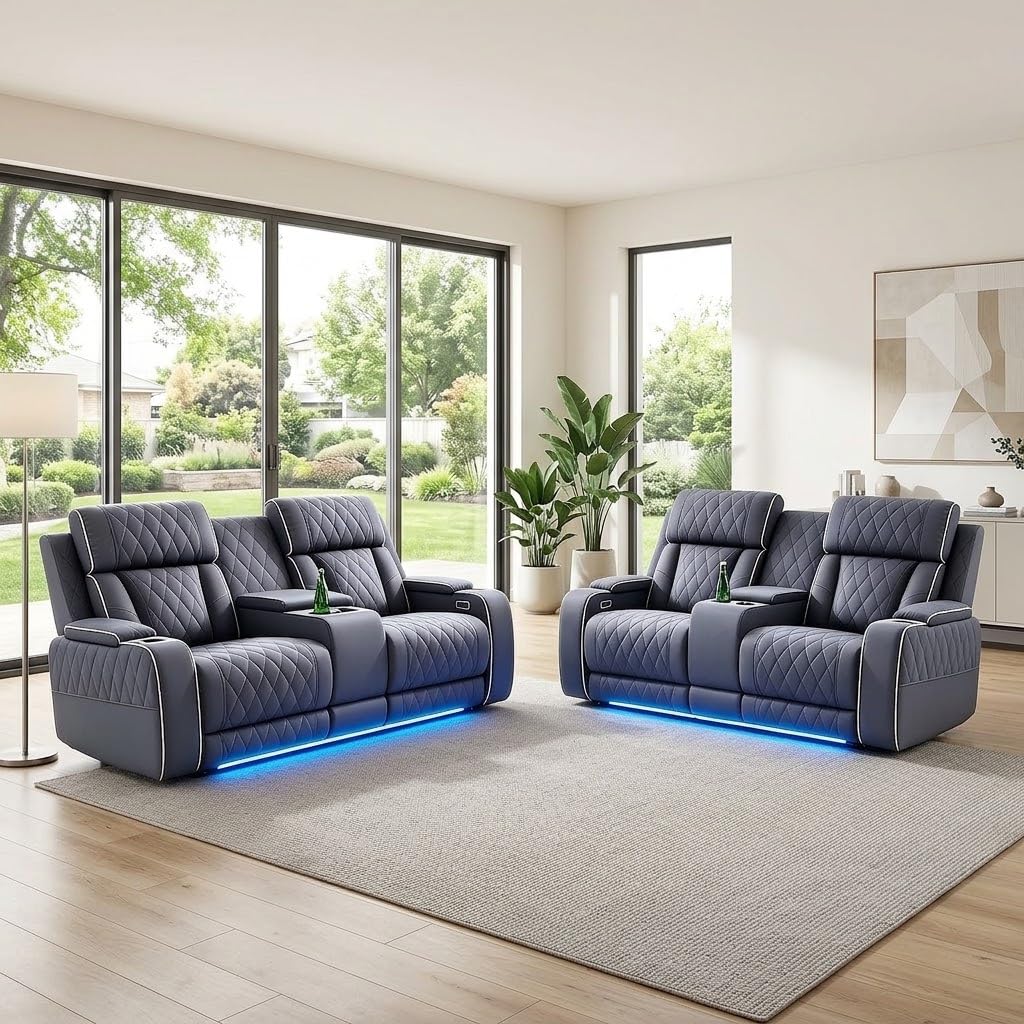 2 Piece Recliner Loveseat Set, Power Reclining Leather Couch with LED Lights, USB Charging, Cup Holders & Storage
