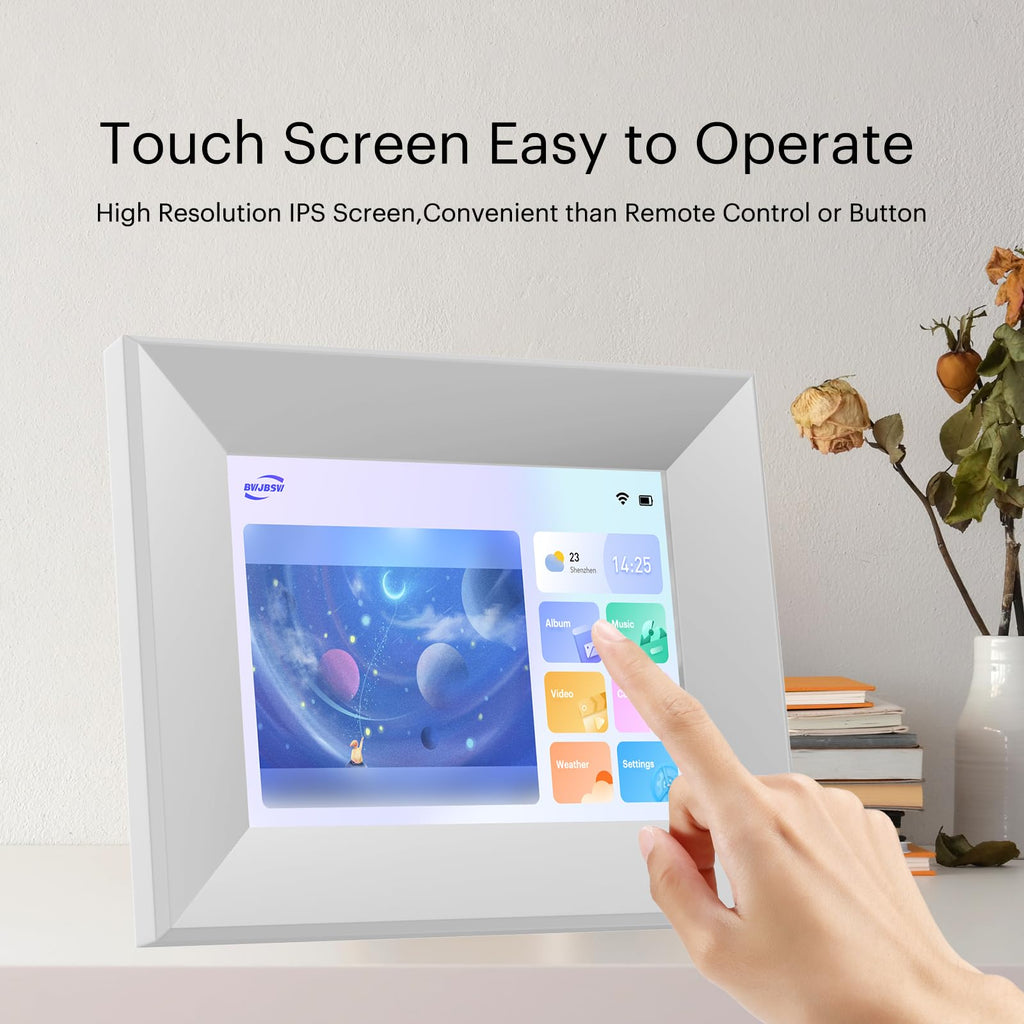 8-Inch Digital Picture Frame with WiFi, Wood Finish Frame Smart Photo Frame HD IPS Touch Screen with 16GB Storage