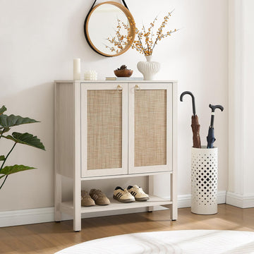 Rattan Shoe Cabinet with Storage, 5 Tier, White Cream Oak